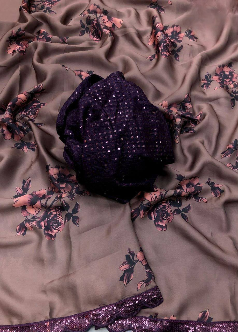 Georgette Satin Floral Digital Printed Saree - Mauve Brown